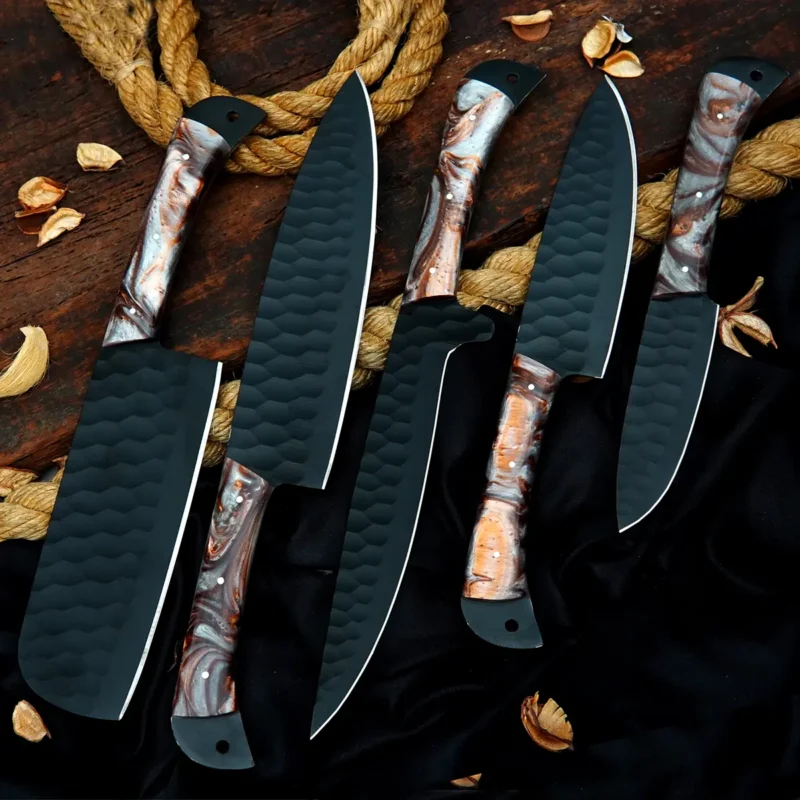 Carbon-Coated D2 Hammered 5-Piece Chef Set with Leather Bag (Brown Handle)