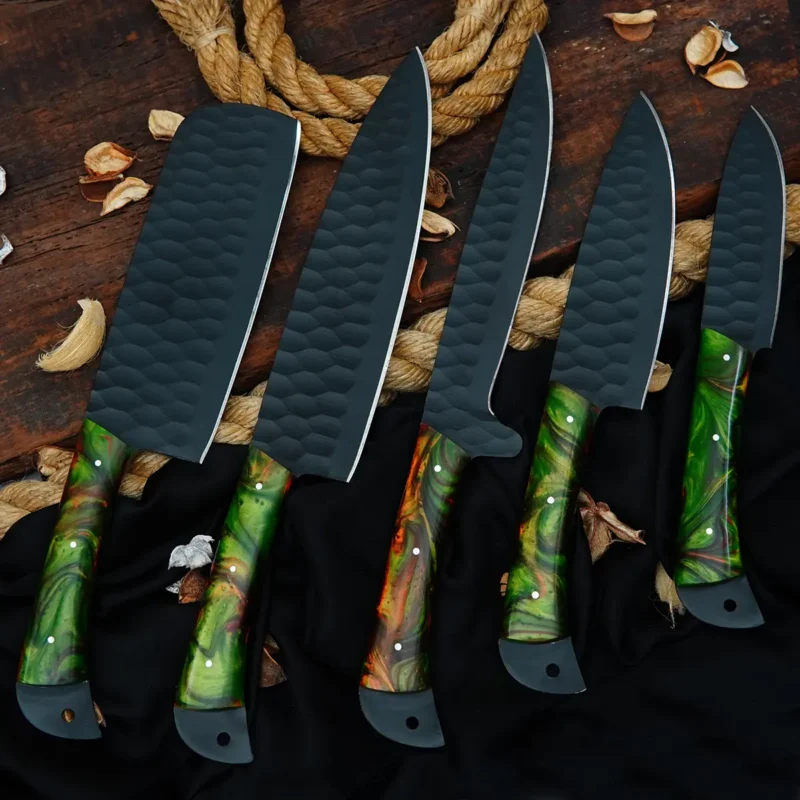 Carbon-Coated D2 Hammered 5-Piece Chef Set with Leather Bag (Green Handle)
