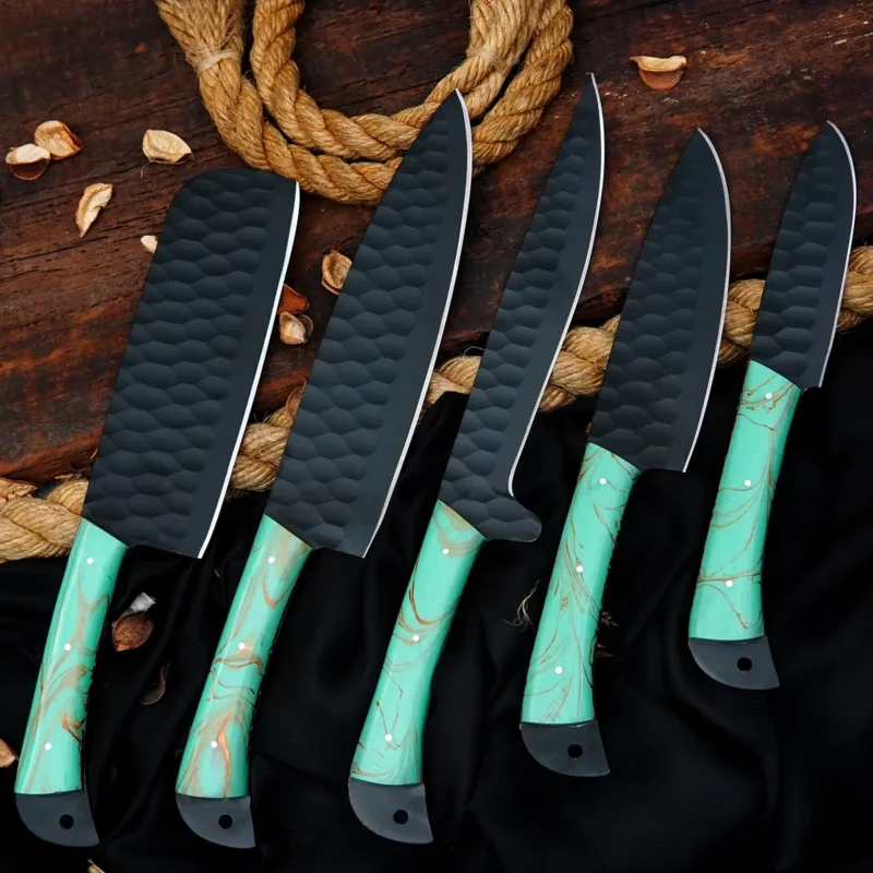 Carbon-Coated D2 Hammered 5-Piece Chef Set with Leather Bag (Light Green Handle)