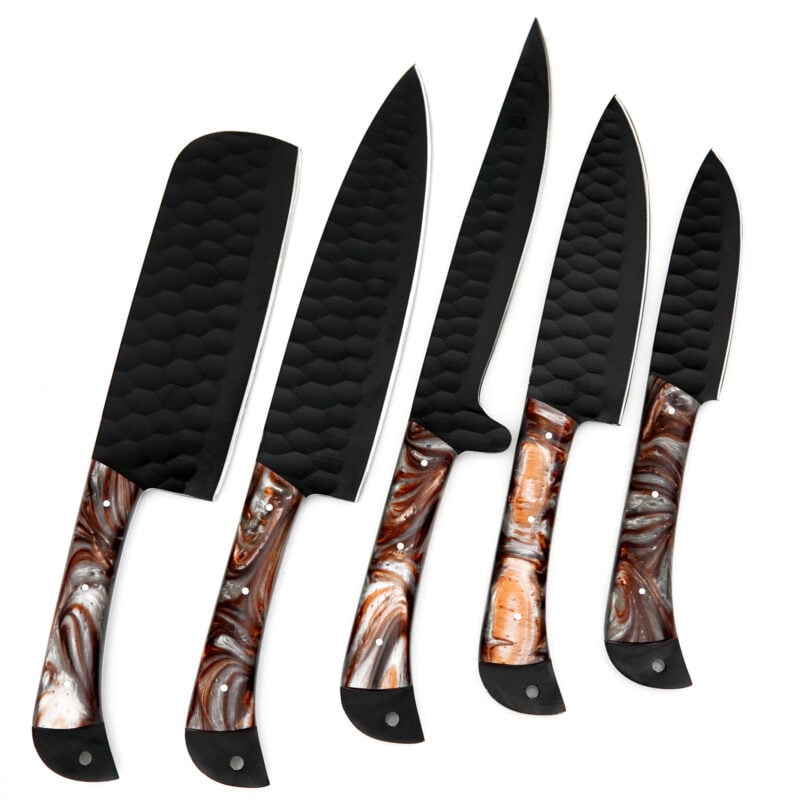 Carbon-Coated D2 Hammered 5-Piece Chef Set with Leather Bag (Orange Handle)