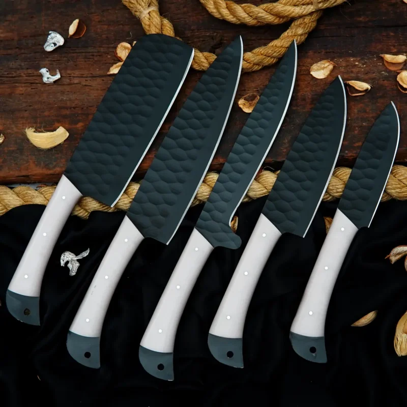 Carbon-Coated D2 Hammered 5-Piece Chef Set with Leather Bag (White Handle)