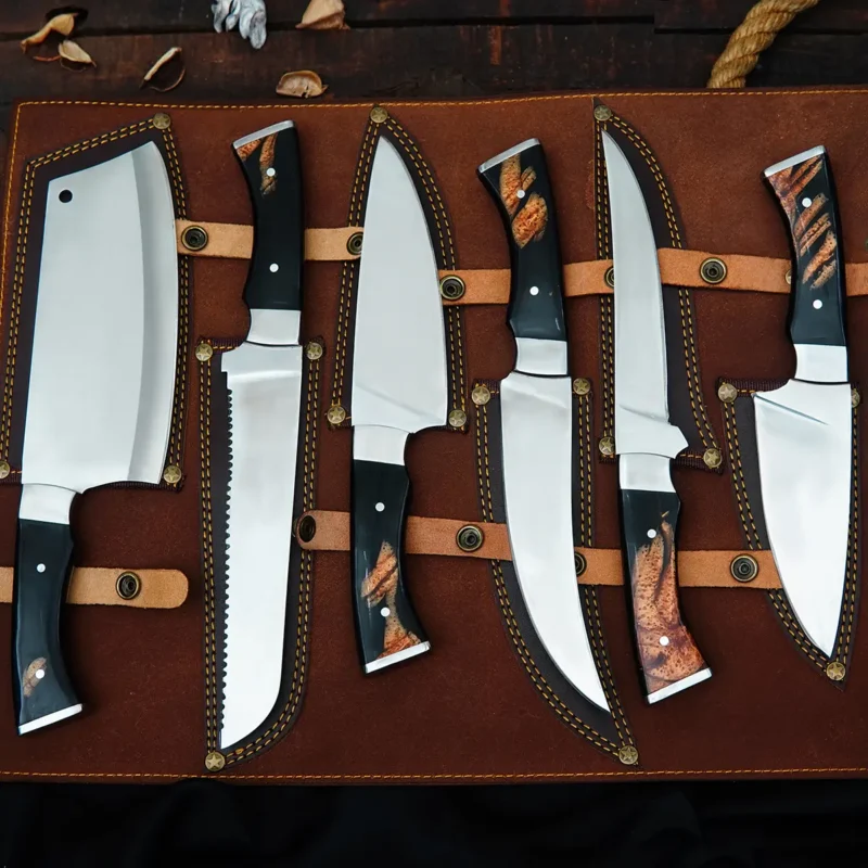 Polished D2 6-Piece Chef Set with Leather Bag (Black Handle)