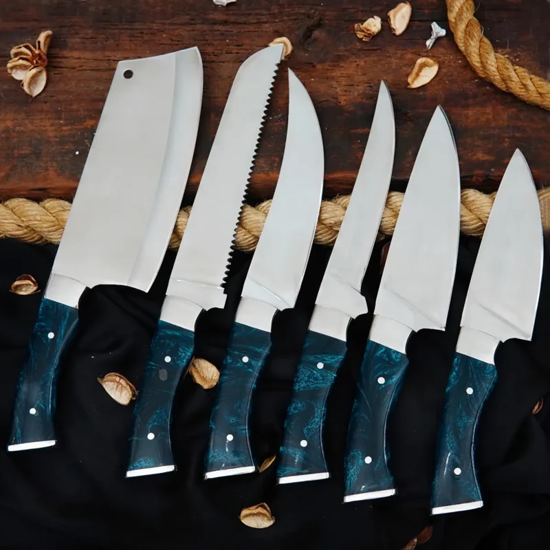 Polished D2 6-Piece Chef Set with Leather Bag (Blue Handle)