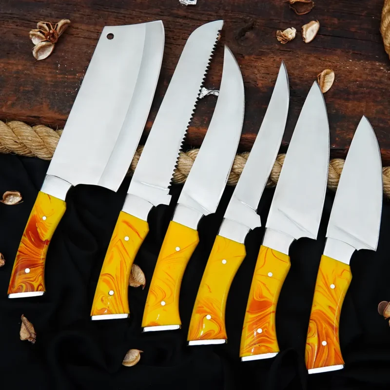 Polished D2 6-Piece Chef Set with Leather Bag (Orange Handle)