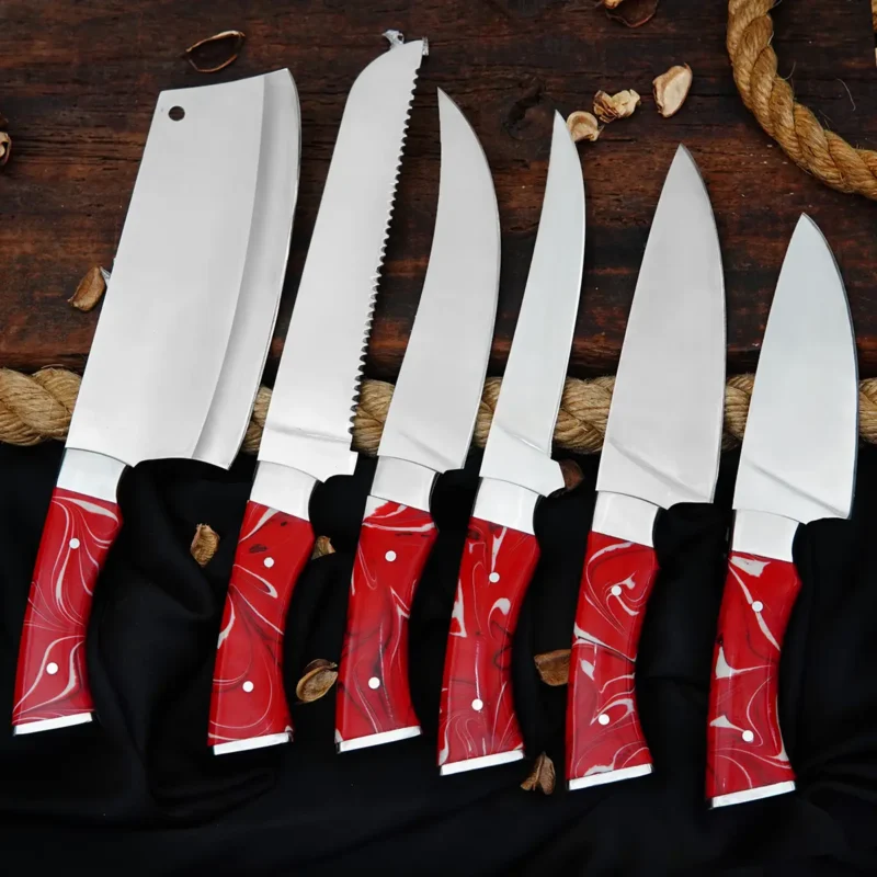 Polished D2 6-Piece Chef Set with Leather Bag (Red Handle)