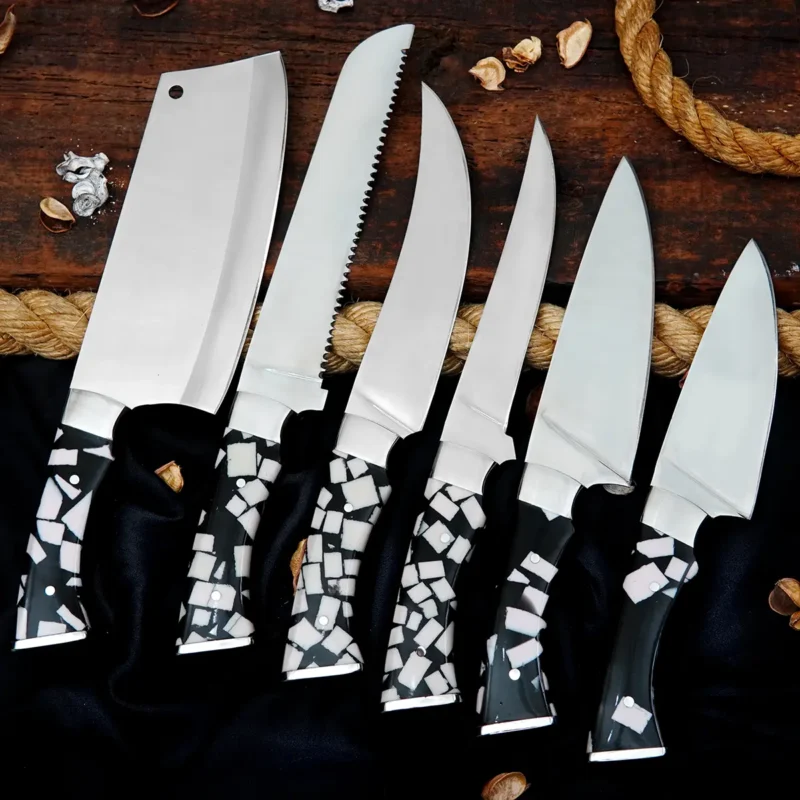 Polished D2 6-Piece Chef Set with Leather Bag (White & Black Handle)