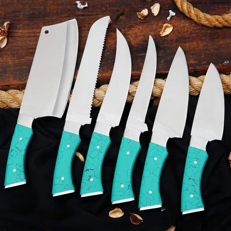 Polished D2 6-Piece Chef Set with Leather Bag (Green Handle)