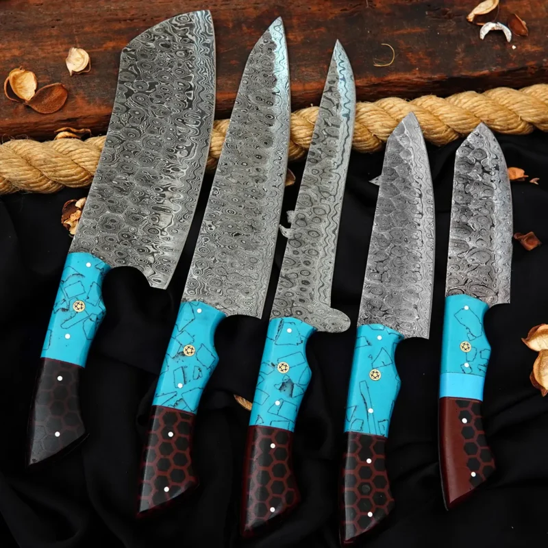 Raindrop Damascus 5-Piece Chef Set with Leather Bag (Honeycomb Handle)