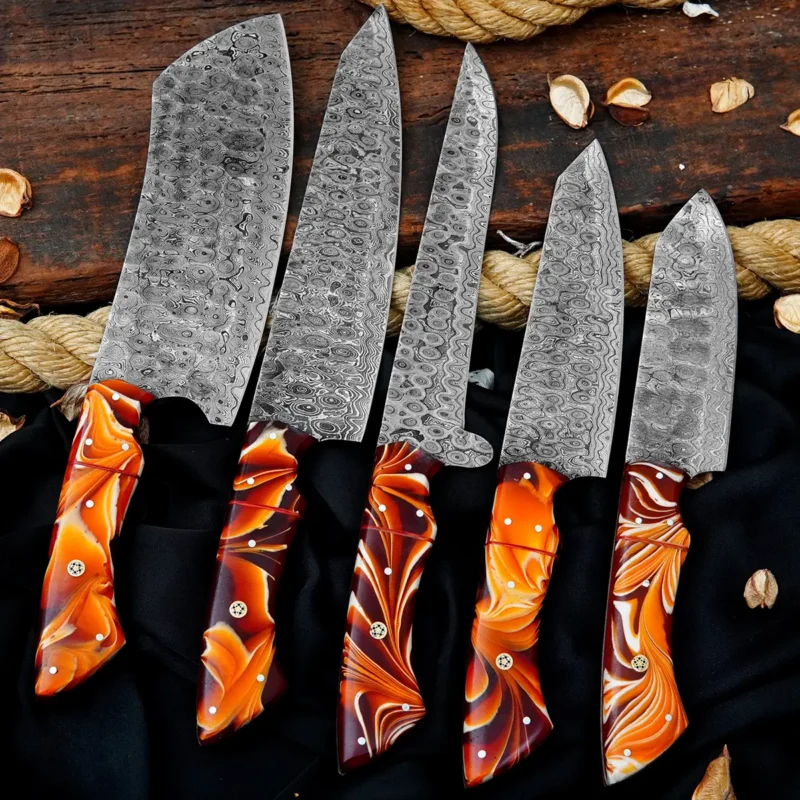 Raindrop Damascus 5-Piece Chef Set with Leather Bag (Orange Handle)