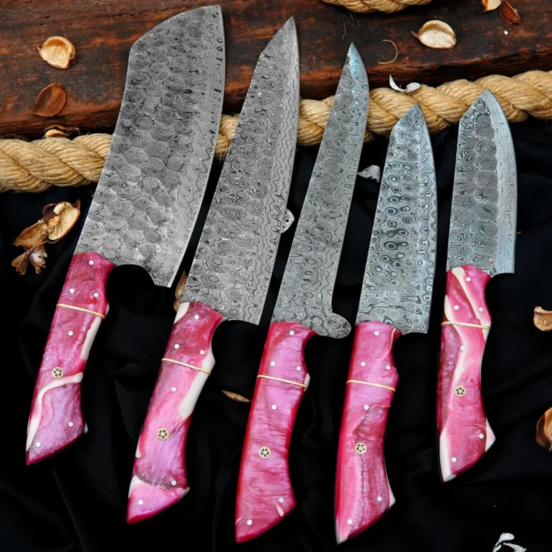 Raindrop Damascus 5-Piece Chef Set with Leather Bag (Pink Handle)