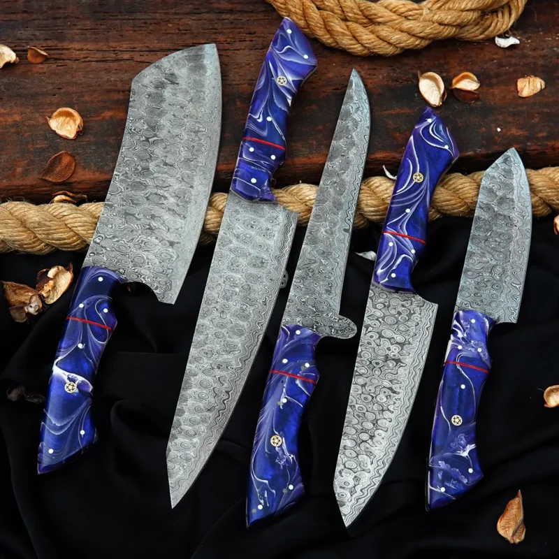 Raindrop Damascus 5-Piece Chef Set with Leather Bag (Purple Handle)