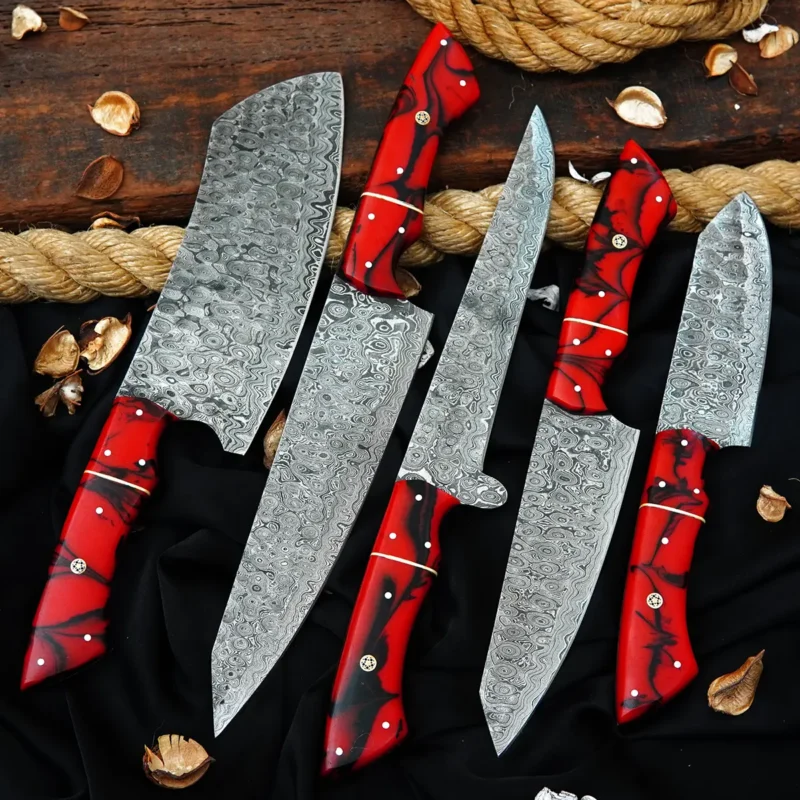 Raindrop Damascus 5-Piece Chef Set with Leather Bag (Red Handle)