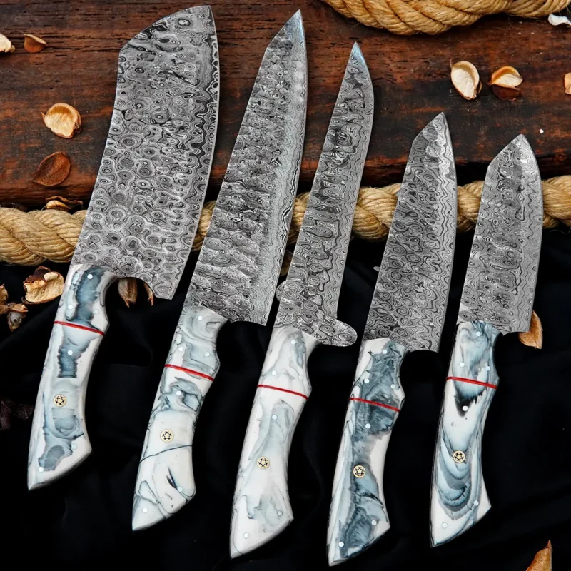 Raindrop Damascus 5-Piece Chef Set with Leather Bag (White Handle)
