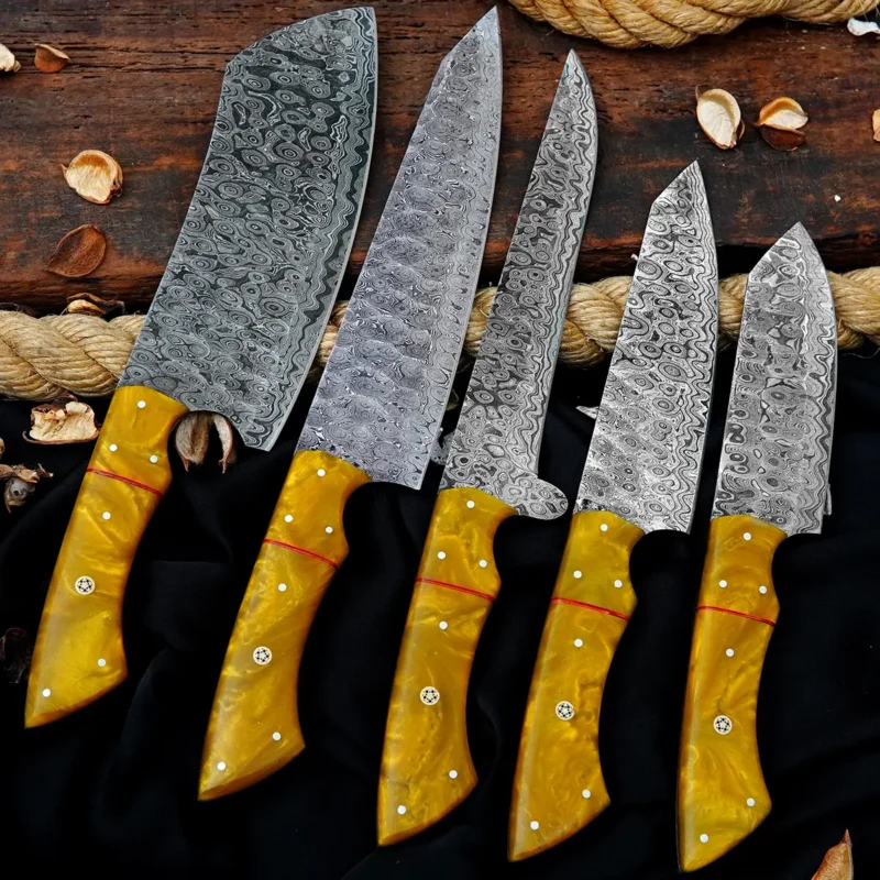 Raindrop Damascus 5-Piece Chef Set with Leather Bag (Yellow Handle)