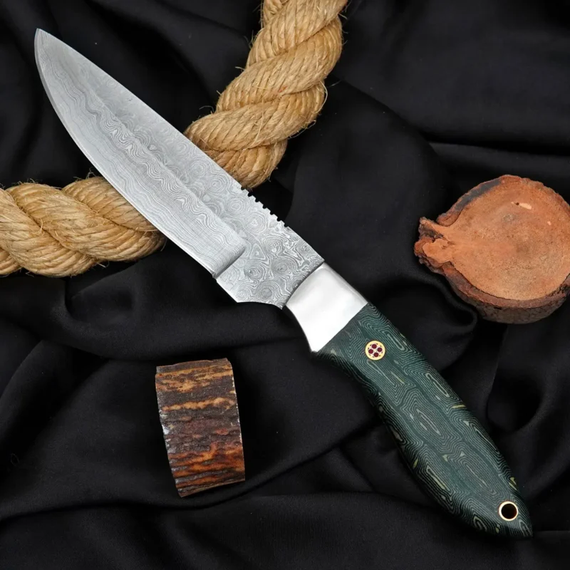 10" Hand-Forged Damascus Knife with G10 Handle, Mosaic Pin & Leather Sheath