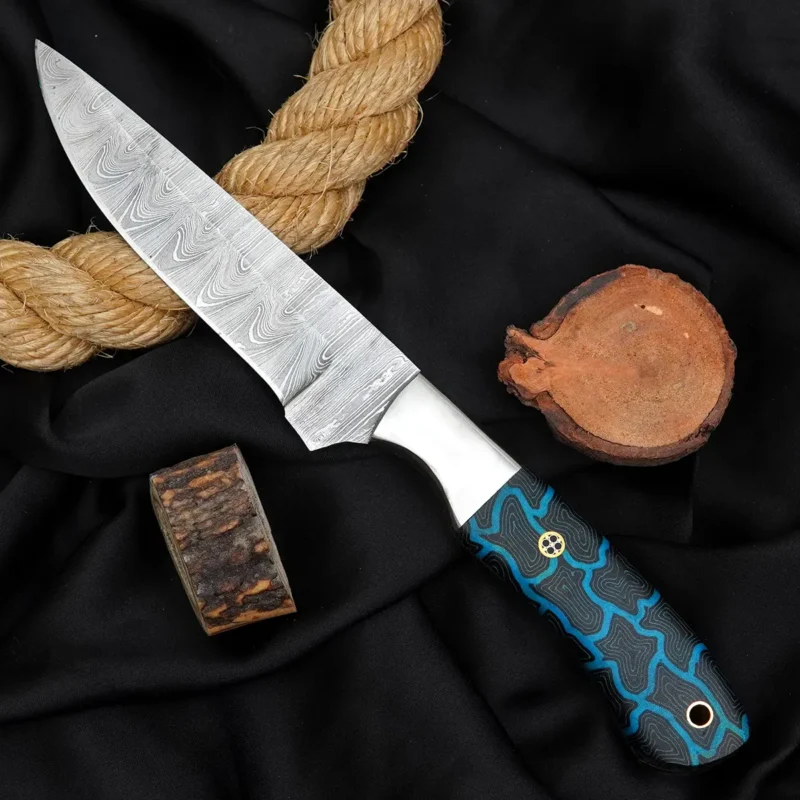 10" Hand-Forged Damascus Knife with G10 Handle, Mosaic Pin & Leather Sheath