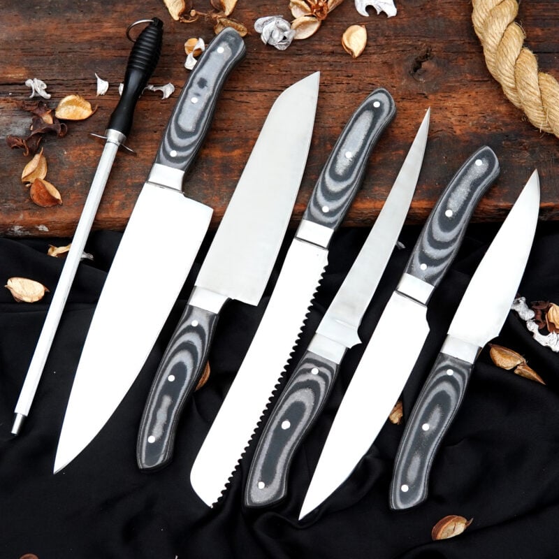 CUSTOM HANDMADE D2 POLISHED 7 PIECES CHEF SET WITH PREMIUM LEATHER CARRYING BAG