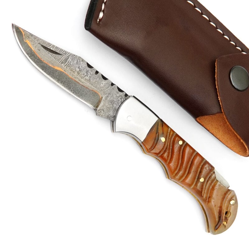7" HANDMADE COPPER DAMASCUS POCKET FOLDING KNIFE WITH LEATHER SHEATH
