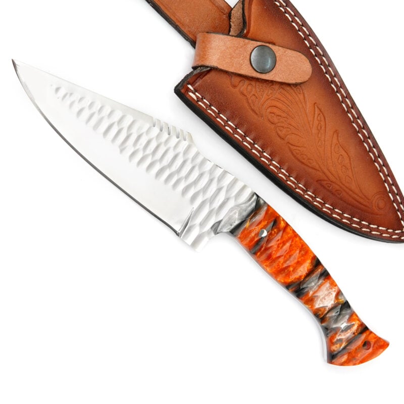 10.5" D2 HAMMERED RESIN HANDLE KNIFE W/ PREMIUM LEATHER SHEATH