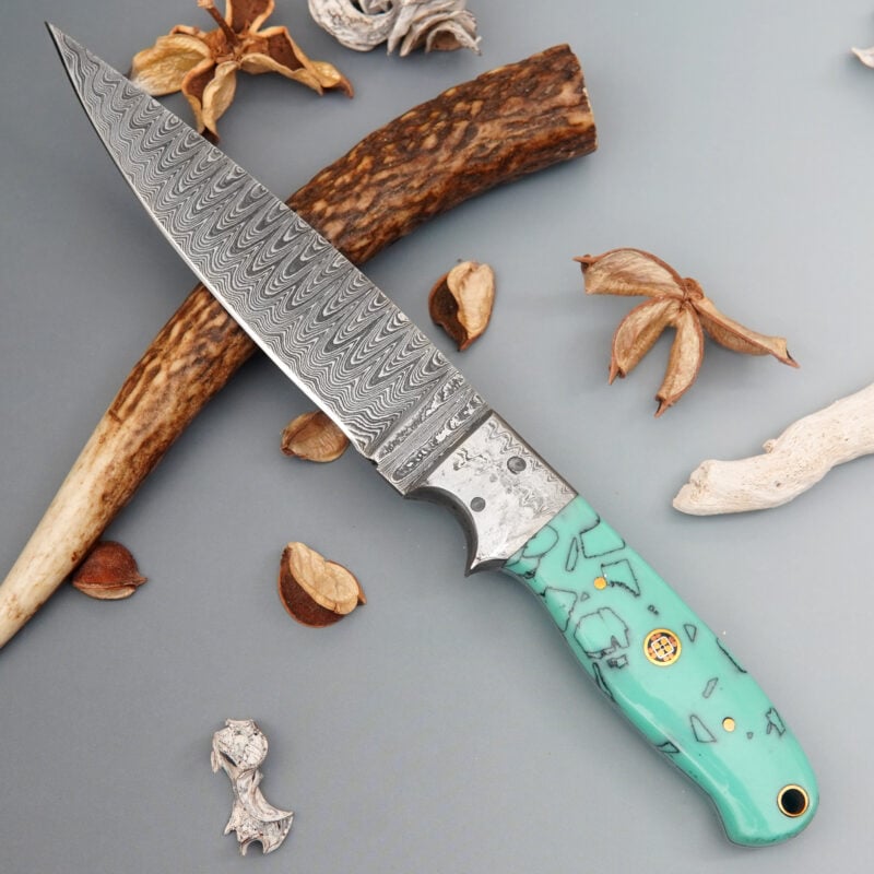 10" DAMASCUS RESIN HANDLE KNIFE WITH LEATHER SHEATH DF-15