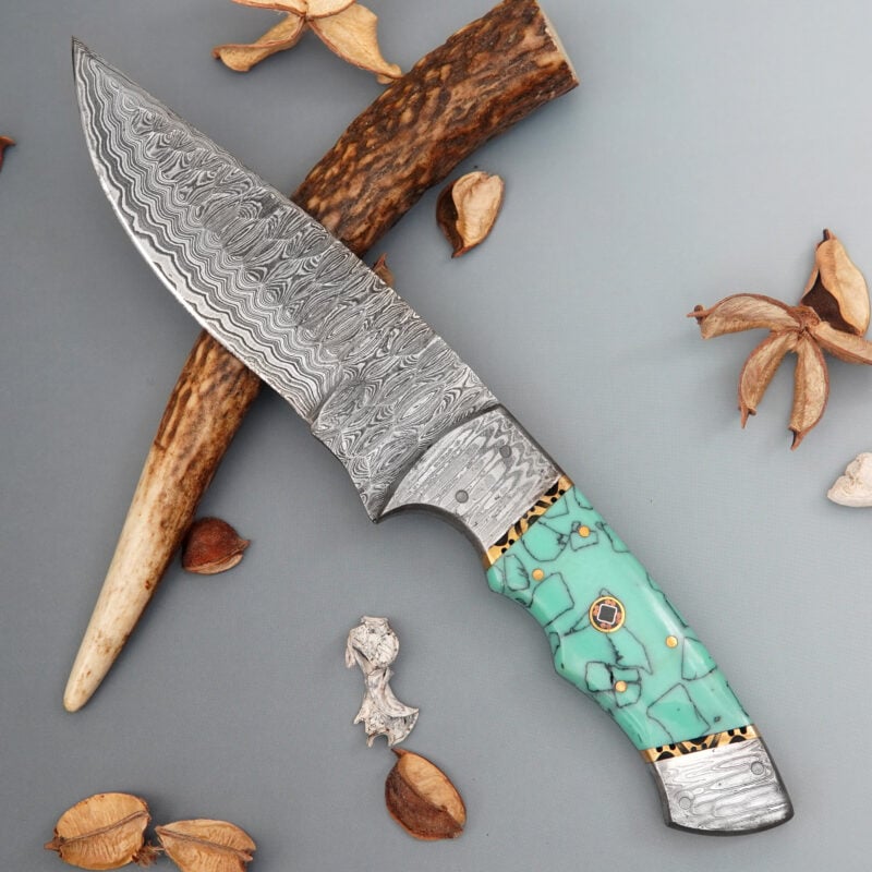 10" HAMMERED DAMASCUS KNIFE WITH MOSAIC PIN & LEATHER SHEATH DF-16
