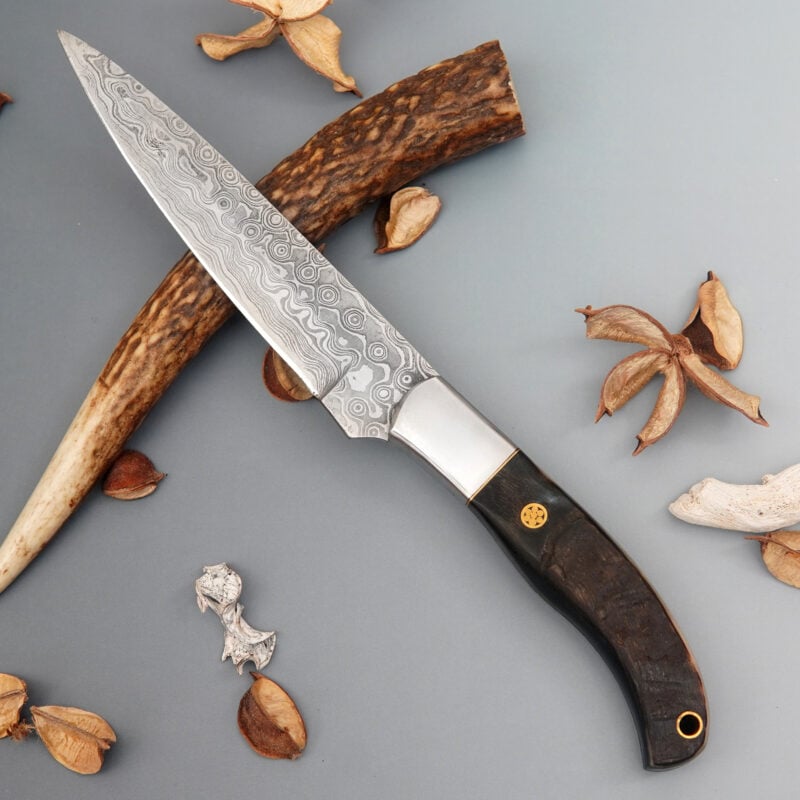 10" DAMASCUS RAM HORN HANDLE KNIFE WITH LEATHER SHEATH DRH11