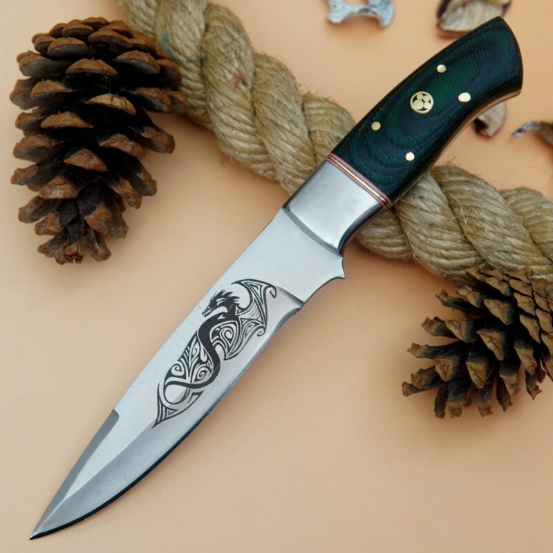 8" D2 ENGRAVED SKINNER WITH MOSAIC PIN & LEATHER SHEATH SM-5