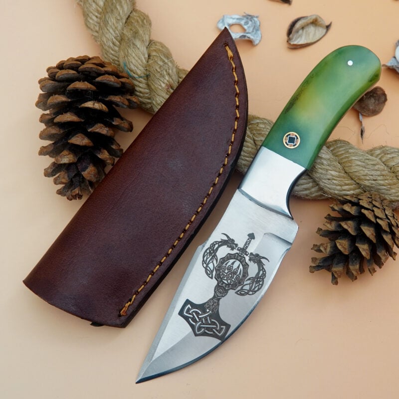 8" D2 SKINNER WITH COLORED BONE HANDLE & LEATHER SHEATH SB-03