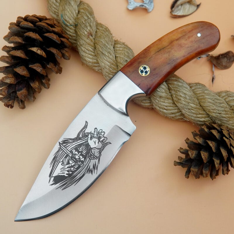 8" D2 SKINNER WITH COLORED BONE HANDLE & LEATHER SHEATH SB-02
