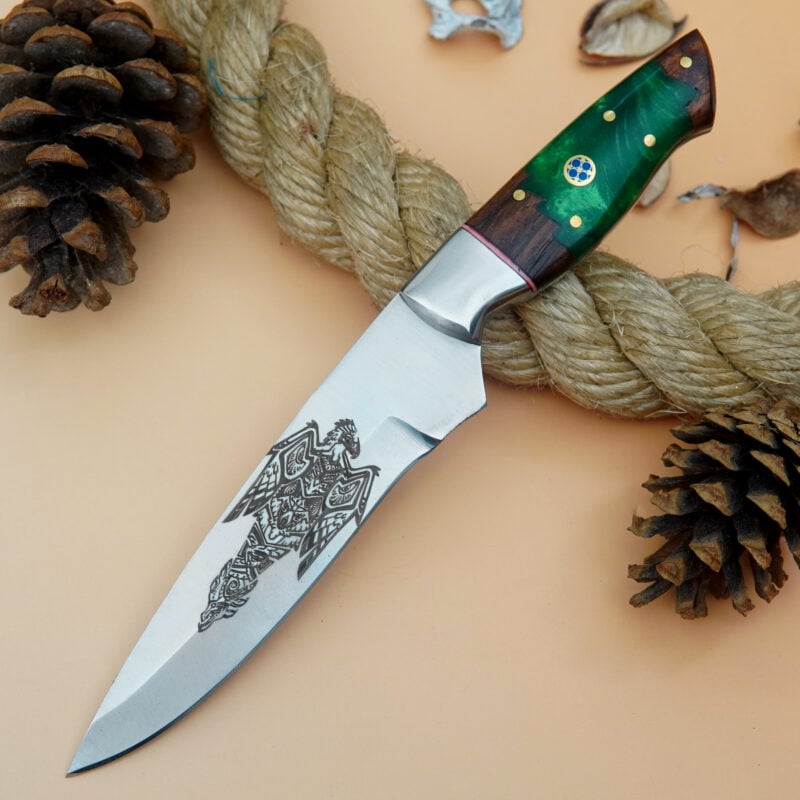 8" D2 ENGRAVED SKINNER WITH MOSAIC PIN & LEATHER SHEATH SR-1