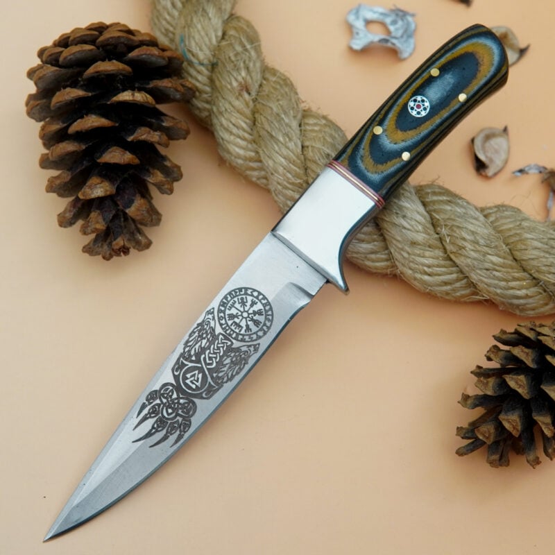 8" D2 ENGRAVED SKINNER WITH MOSAIC PIN & LEATHER SHEATH SM-7