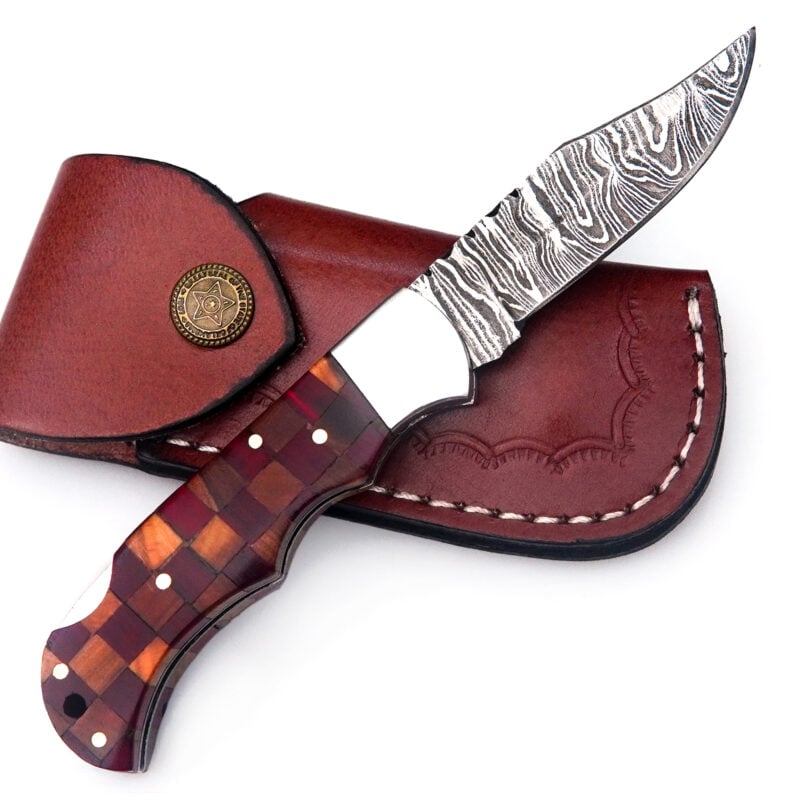 6.5" DAMASCUS FOLDING KNIFE WITH LANYARD HOLE & PREMIUM LEATHER SHEATH-S1