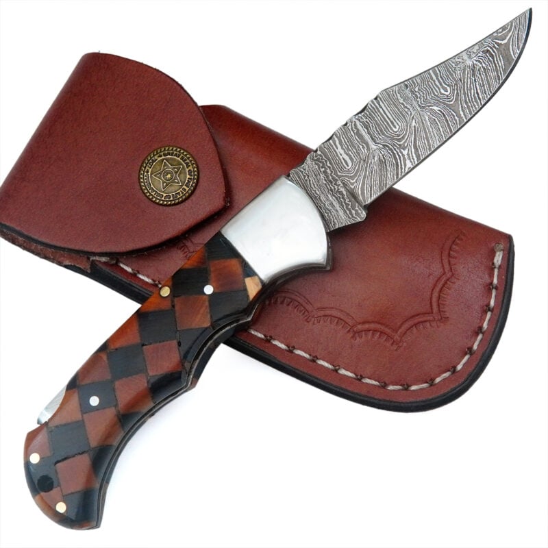 6.5" DAMASCUS FOLDING KNIFE WITH PREMIUM LEATHER SHEATH-S9