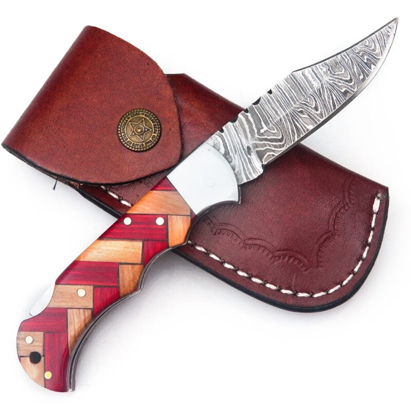 6.5" DAMASCUS FOLDING KNIFE WITH PREMIUM LEATHER SHEATH-S6