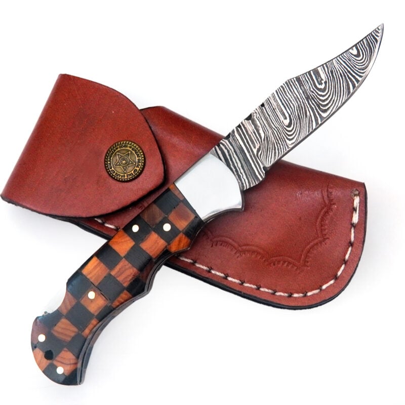 6.5" DAMASCUS FOLDING KNIFE WITH PREMIUM LEATHER SHEATH-S5