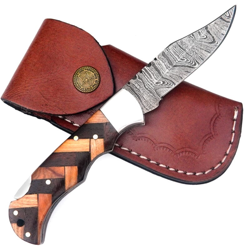 6.5" DAMASCUS FOLDING KNIFE WITH PREMIUM LEATHER SHEATH-S3
