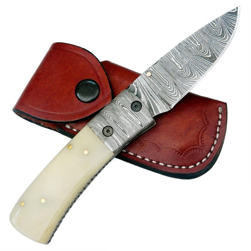 7.5" DAMASCUS FOLDING KNIFE WITH PREMIUM LEATHER SHEATH-S16