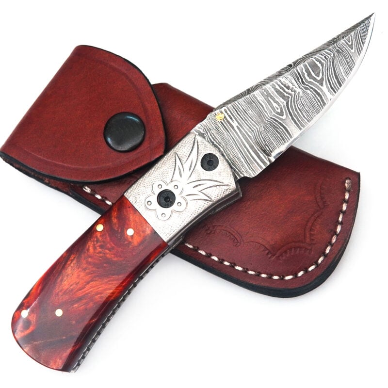 6.5" DAMASCUS FOLDING KNIFE WITH PREMIUM LEATHER SHEATH-S15