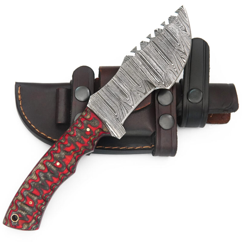 10" DAMASCUS TRACKER WITH LANYARD HOLE & PREMIUM LEATHER SHEATH-T12