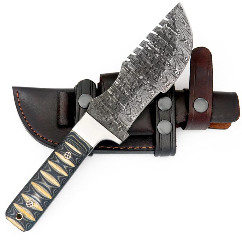 10" DAMASCUS TRACKER WITH MOSAIC PIN, LANYARD HOLE & PREMIUM LEATHER SHEATH-T6