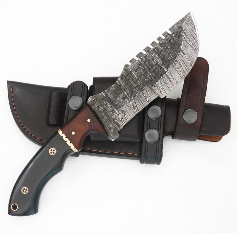 10" DAMASCUS TRACKER WITH MOSAIC PIN, LANYARD HOLE & PREMIUM LEATHER SHEATH-T1