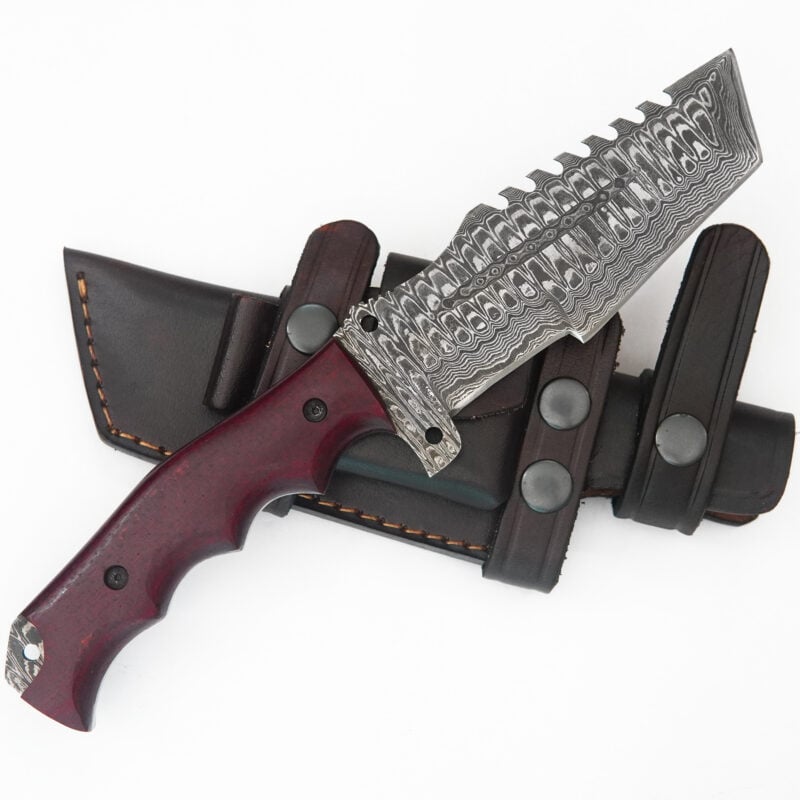 10.5" DAMASCUS TRACKER WITH LANYARD HOLE & PREMIUM LEATHER SHEATH-T5