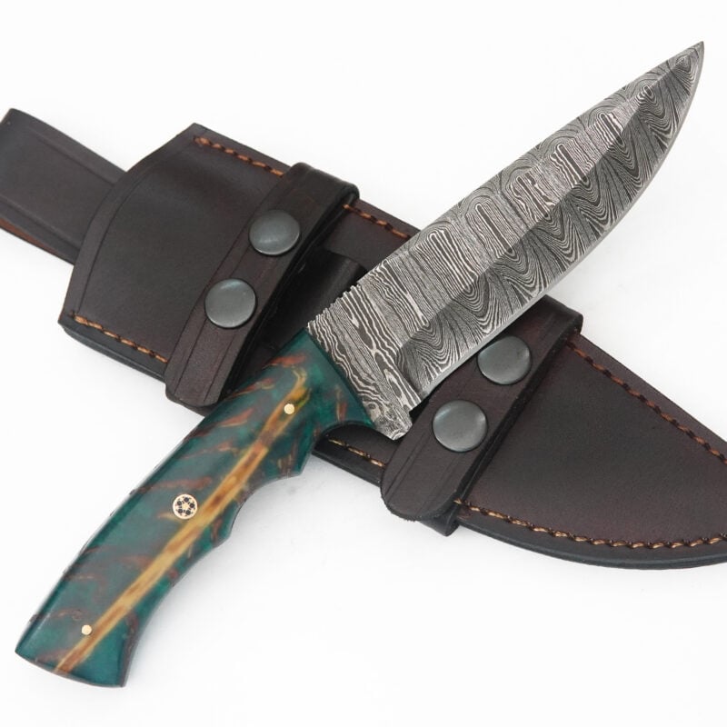 10" DAMASCUS KNIFE WITH MOSAIC PIN & PREMIUM LEATHER SHEATH-T15