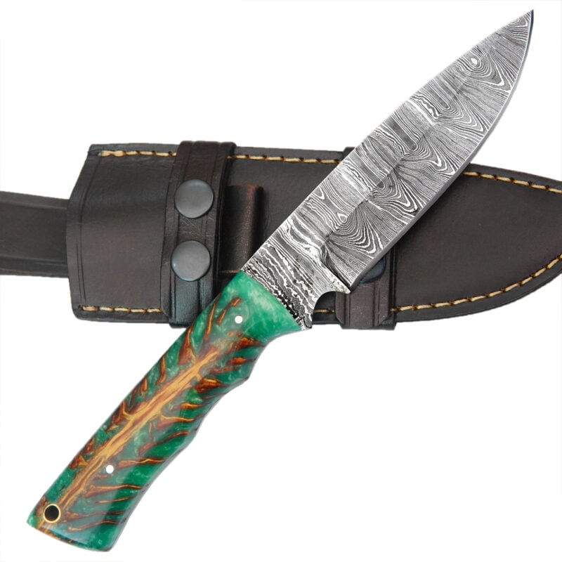 10" DAMASCUS KNIFE WITH LANYARD HOLE & PREMIUM LEATHER SHEATH-T24