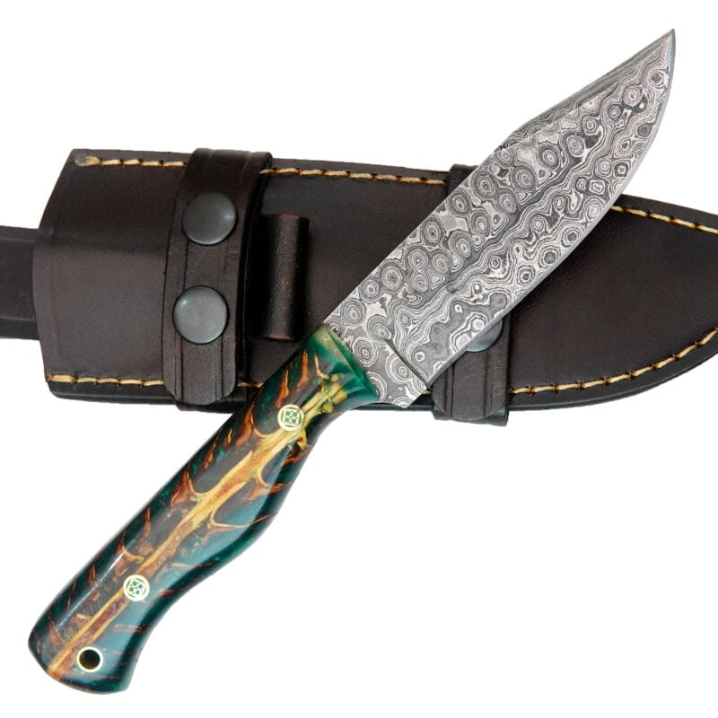 9" DAMASCUS KNIFE WITH MOSAIC PIN, LANYARD HOLE & PREMIUM LEATHER SHEATH-T16