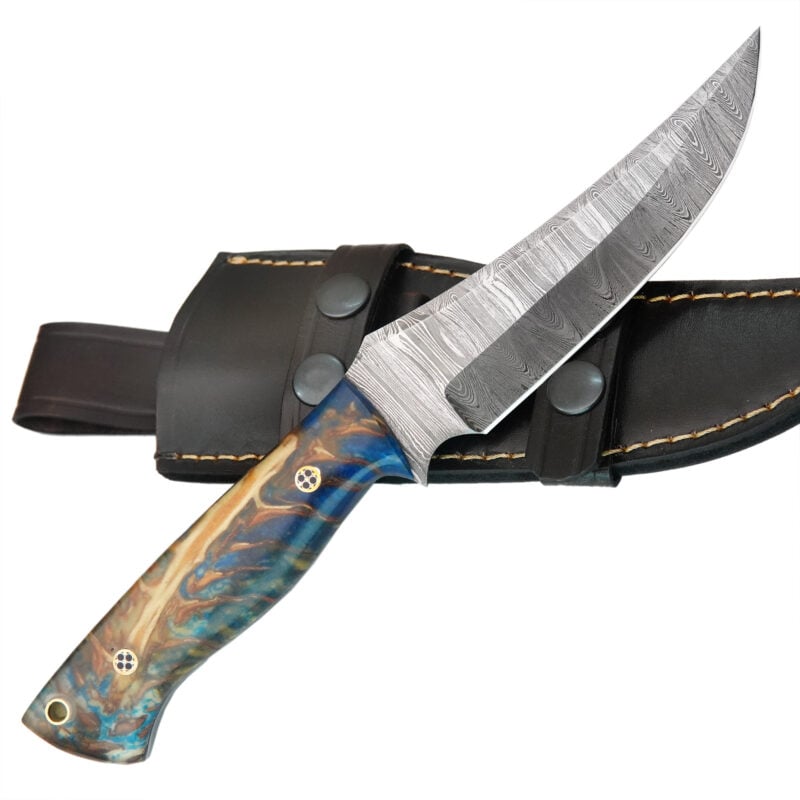 10" DAMASCUS KNIFE WITH MOSAIC PIN, LANYARD HOLE & PREMIUM LEATHER SHEATH-T19