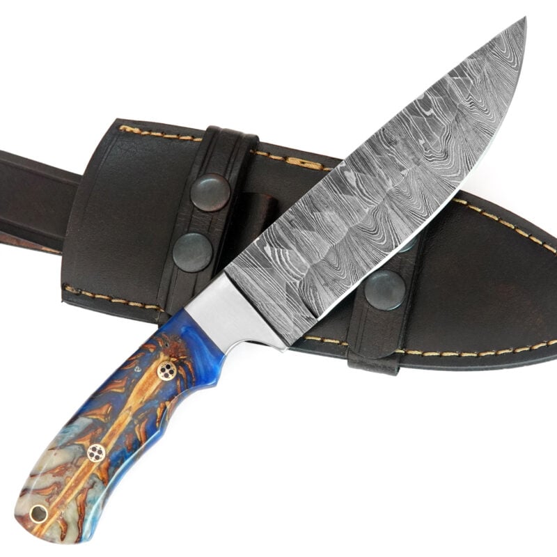 10" DAMASCUS KNIFE WITH MOSAIC PIN, LANYARD HOLE & PREMIUM LEATHER SHEATH-T30