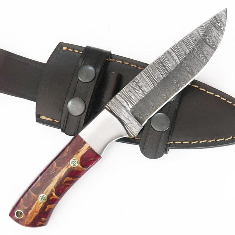 9" DAMASCUS KNIFE WITH MOSAIC PIN, LANYARD HOLE & PREMIUM LEATHER SHEATH-T18