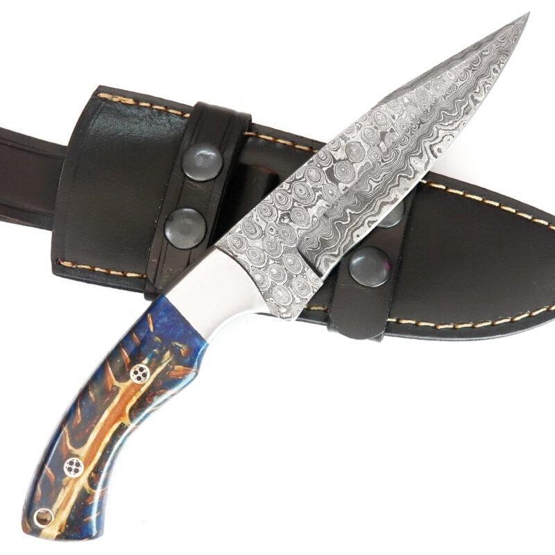 10" DAMASCUS KNIFE WITH MOSAIC PIN, LANYARD HOLE & PREMIUM LEATHER SHEATH-T17