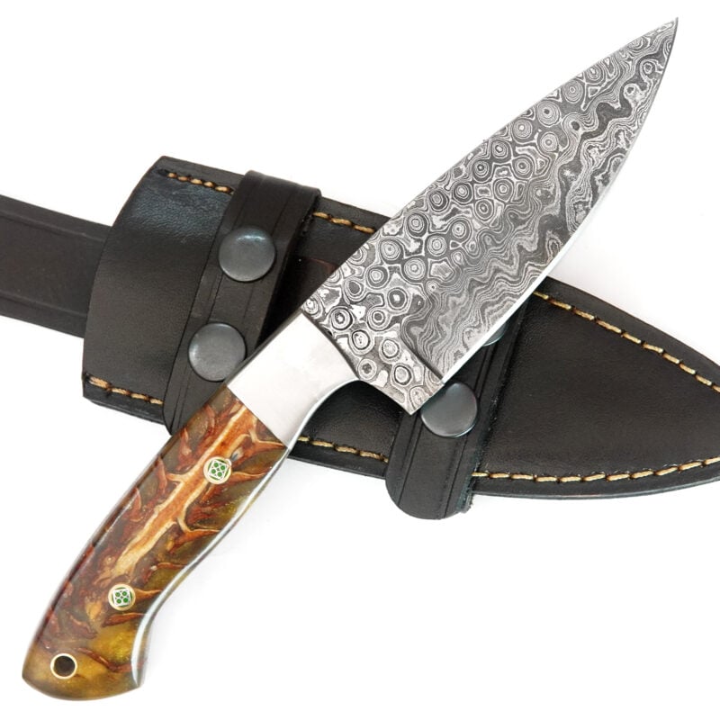 9" DAMASCUS KNIFE WITH MOSAIC PIN, LANYARD HOLE & PREMIUM LEATHER SHEATH-T22
